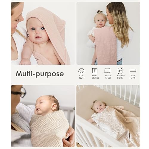 MairMore Hooded Baby Bath Towels, 100% Muslin Cotton Baby Girl Towels with Hood for Neutral Newborn Infants, Soft & Absorbent, Large Size - 32 * 32 Inches (Ivory & Pink) - Image 4
