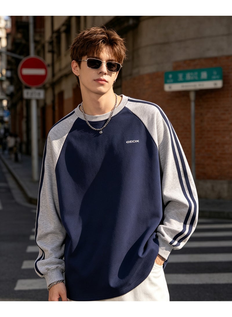 GEOX Unisex Casual Raglan Long Sleeve Crew Neck Top, Relaxed Fit Daily Wear Sweatshirt Navy Blue - Image 5