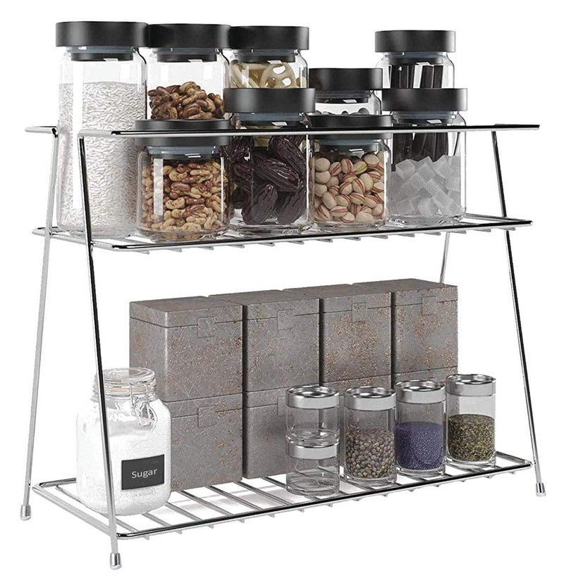 CR18 COLLECTION Multipurpose Spice Rack Stainless Steel 2 Layer Corner Storage Rack Shelf & Spice/Masala Boxes Container/Basket For Utensils-Dishes-Plates For Kitchen, Tiered Shelf, Countertop - Image 2