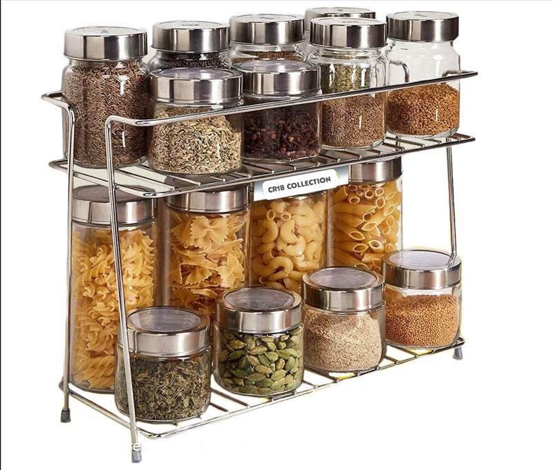 CR18 COLLECTION Multipurpose Spice Rack Stainless Steel 2 Layer Corner Storage Rack Shelf & Spice/Masala Boxes Container/Basket For Utensils-Dishes-Plates For Kitchen, Tiered Shelf, Countertop - Image 1