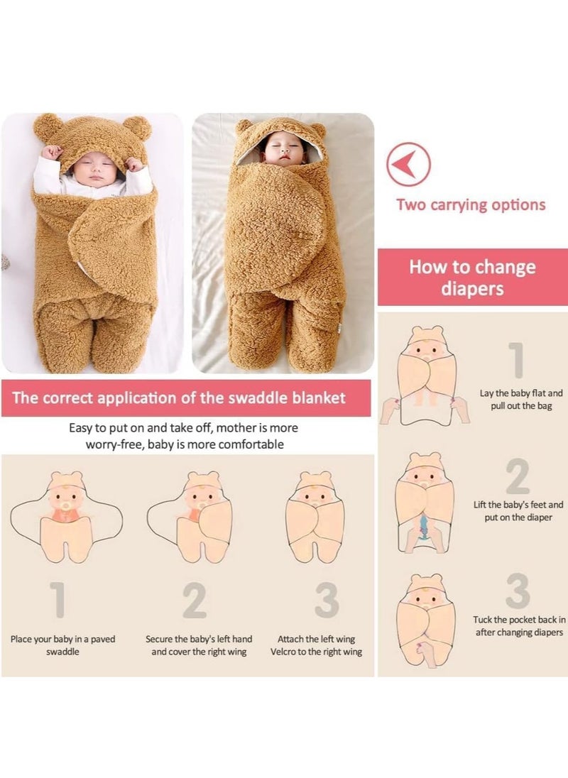 Bebiland - Baby Hooded Swaddle, Infant Wrap Blanket Bag, Newborn Receiving Blanket Unisex Boys Girls Sleeping Bag Plush Wrap, Swaddle Baby Clothes Brown Bear (0-3 Months) - Image 1