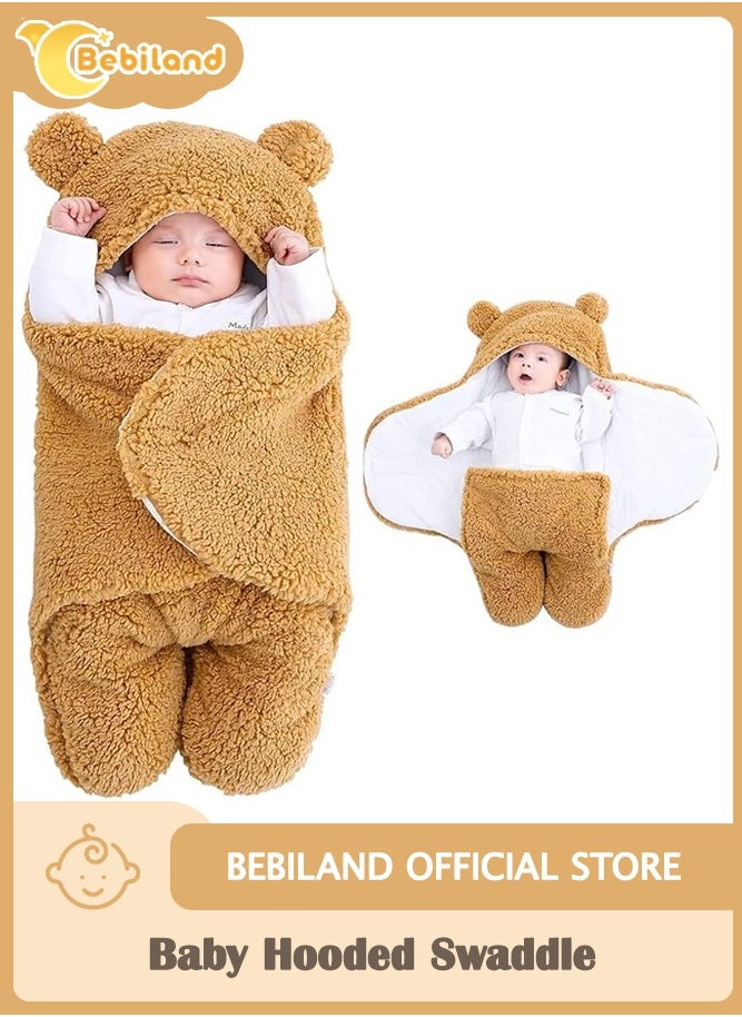 Bebiland - Baby Hooded Swaddle, Infant Wrap Blanket Bag, Newborn Receiving Blanket Unisex Boys Girls Sleeping Bag Plush Wrap, Swaddle Baby Clothes Brown Bear (0-3 Months) - Image 1