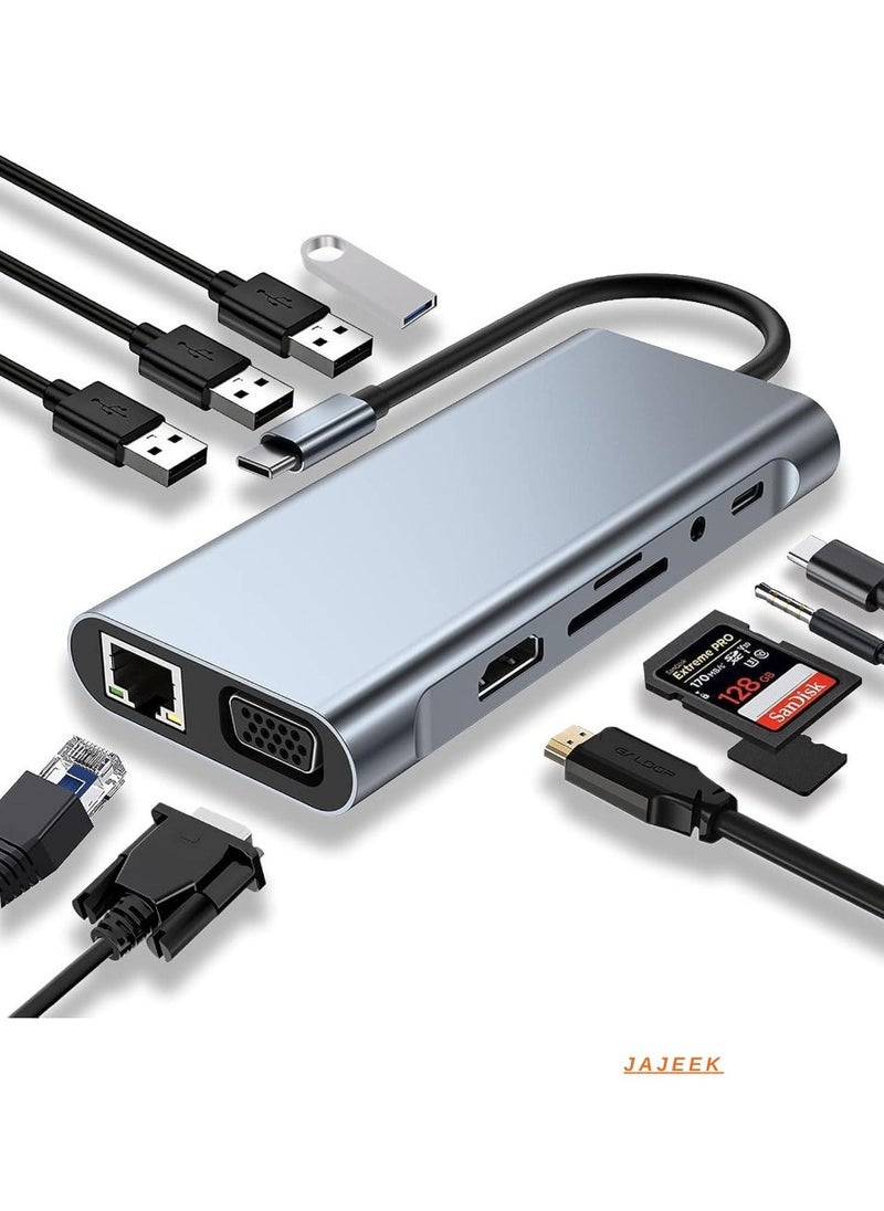 JAJEEK 11-in-1 USB C Adapter Docking Station with 4K HDMI, USB 3.0, VGA, Ethernet, SD/TF Card Reader – Multi-Port Hub for MacBook Pro/Air & Type C Devices – Seamless Connectivity, Fast Charging & High-Resolution Display - Image 1