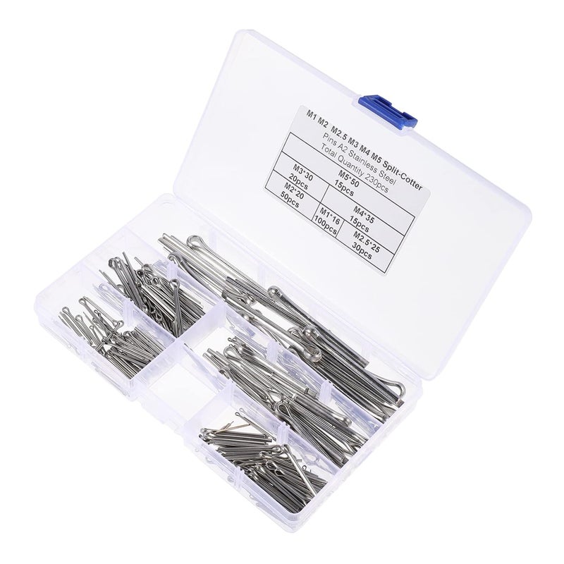 VOSAREA 230pcs Stainless Steel Cotter Pin Assortment Kit M1 M2 M2.5 M4 M5 Metal Fastener Clips for Trailers Trucks and Garden Use - Image 1