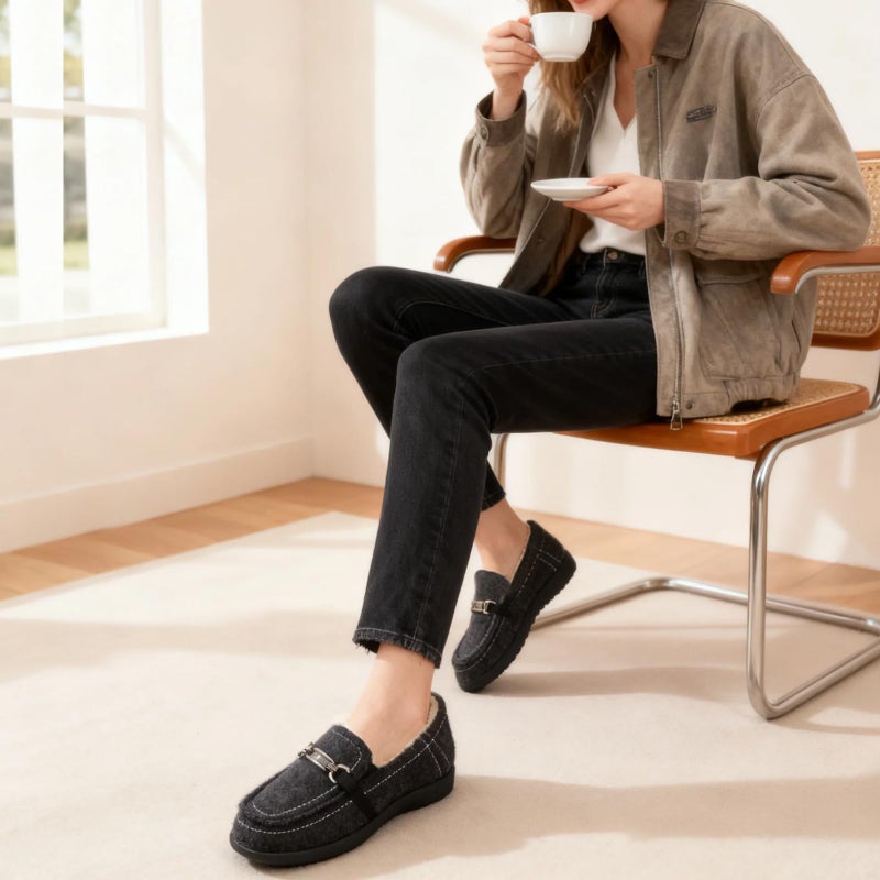 ERGOfoot Women's Moccasin Slippers with Arch Support, Closed Back, Orthopedic Slippers for Plantar Fasciitis, Foot Pain Relief, Fleece Lining House Shoes for Indoor Outdoor Anti-Skid, Black W8 - Image 2