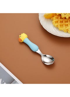 Children's 304 Stainless Steel Portable Tableware Cartoon Spoon Fork Learning And Training Chopsticks Dinosaur Baby Fork Spoon Set-Specifications:Tableware-Color:Trumpet-Blue Handle Unicorn Spoon