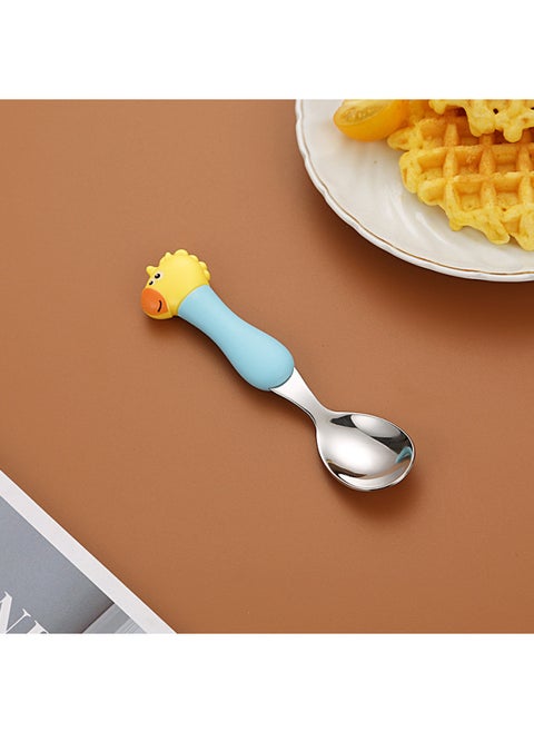 Children's 304 Stainless Steel Portable Tableware Cartoon Spoon Fork Learning And Training Chopsticks Dinosaur Baby Fork Spoon Set-Specifications:Tableware-Color:Trumpet-Blue Handle Unicorn Spoon