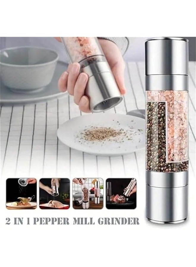 Beauenty 2-in-1 Stainless Steel Salt and Pepper Grinder - Adjustable Ceramic Rotor for Coarse to Fine Grinding, Dual BPA-Free Acrylic Chambers, Refillable Manual Spice Grinder - Image 2
