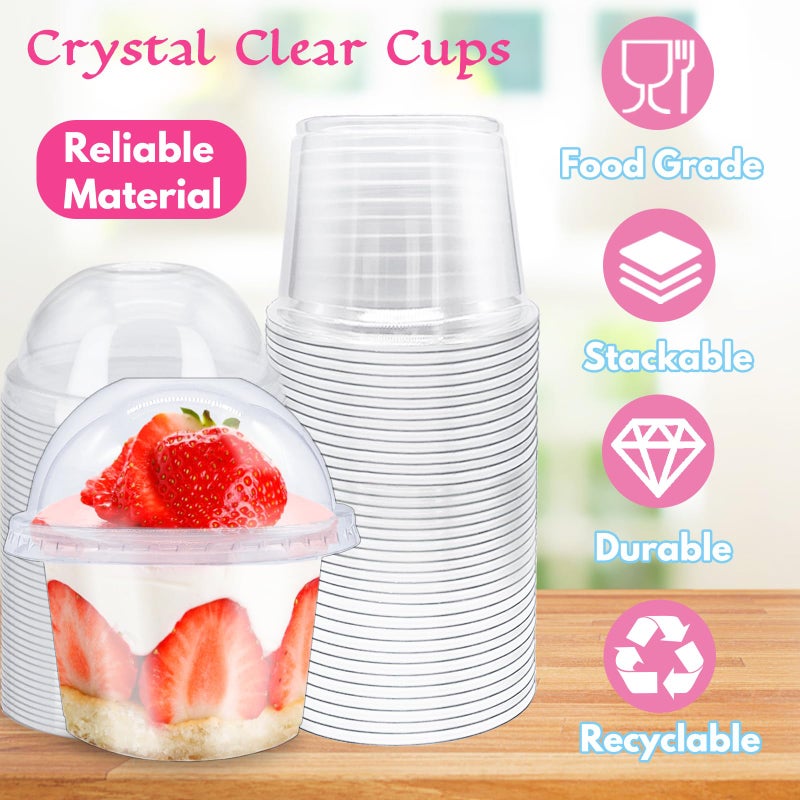 Alaeseje 100 Pack 8oz Disposable Clear Plastic Cups with Dome Lids(Hole in the Lid),PET Dessert Cups,Disposable Snack Bowls for Ice Cream,Cake,Fruit,Parfait, Pudding and Jello Shot - Image 3