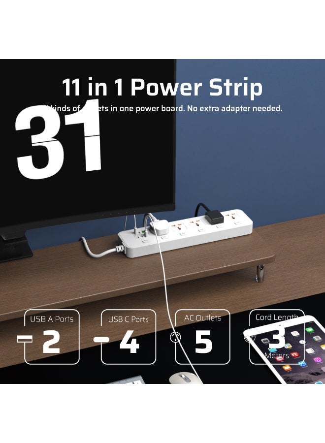 CREATMOR Extension Cord 3 Meter,Universal Power Strip with 5 Outlets and 6 USB Ports, Extension Cord with Surge Protection, Heavy Duty Universal Power Extension- White - Image 2