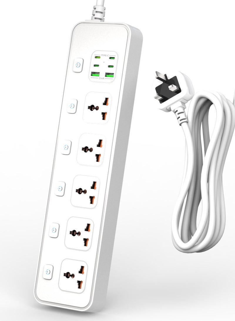 CREATMOR Extension Cord 3 Meter,Universal Power Strip with 5 Outlets and 6 USB Ports, Extension Cord with Surge Protection, Heavy Duty Universal Power Extension- White - Image 1