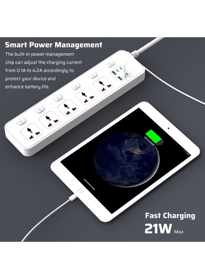 CREATMOR Extension Cord 3 Meter,Universal Power Strip with 5 Outlets and 6 USB Ports, Extension Cord with Surge Protection, Heavy Duty Universal Power Extension- White - Image 5