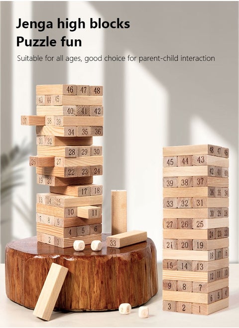 High Stack Wooden Block Game 48 Pieces Classic Numbered Tower Game for Kids 1 or More Players
