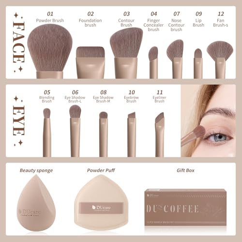 DUcare 14pcs Makeup Gift Set12Pcs Coffee Series Makeup Brush set with 2pcs Makeup Sponges Foundation Blending Face Powder Blush Eye Shadows Brushes - Image 3