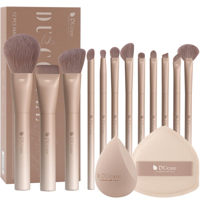 DUcare 14pcs Makeup Gift Set12Pcs Coffee Series Makeup Brush set with 2pcs Makeup Sponges Foundation Blending Face Powder Blush Eye Shadows Brushes - Image 2