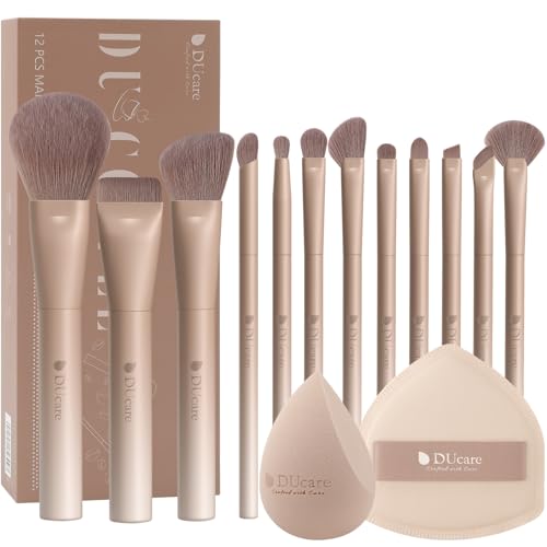 DUcare 14pcs Makeup Gift Set12Pcs Coffee Series Makeup Brush set with 2pcs Makeup Sponges Foundation Blending Face Powder Blush Eye Shadows Brushes - Image 1