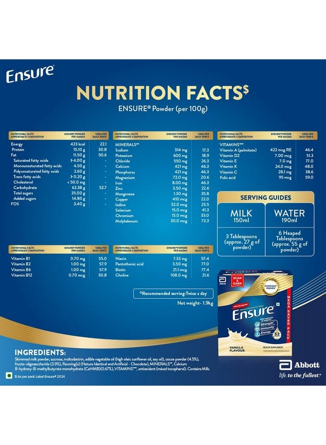 Ensure No 1 Nutritional Supplement Drink in the world 32 nutrients High Protein,Calcium,Vit D, Vanilla 1.9kg - Image 2