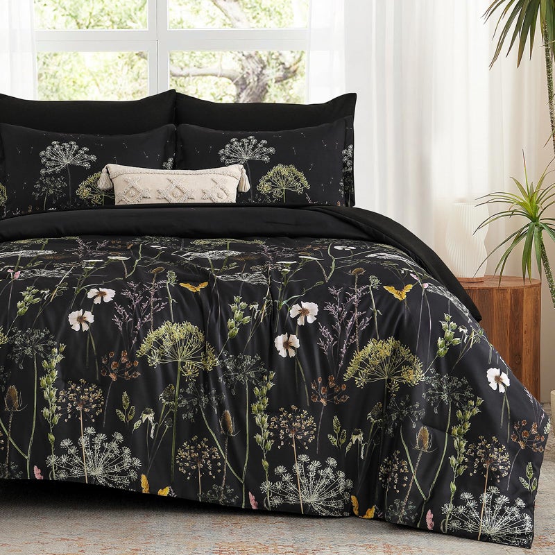 Yiran King Size Comforter Set, 7 Piece Comforter Floral Black Green Bedding Set, Soft Bed in a Bag King, Comforter, Sheets, Pillowcases & Shams - Image 1