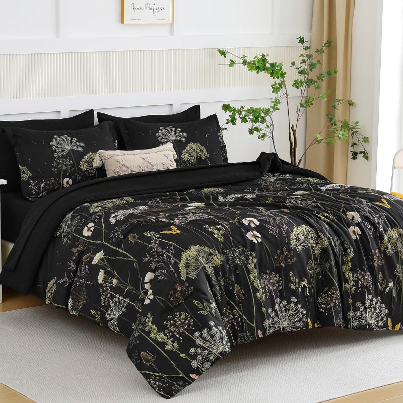 Yiran King Size Comforter Set, 7 Piece Comforter Floral Black Green Bedding Set, Soft Bed in a Bag King, Comforter, Sheets, Pillowcases & Shams - Image 2