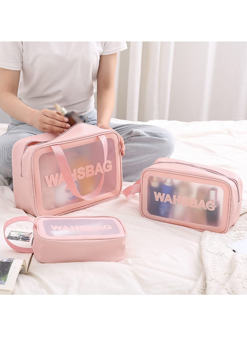 هاهاهاي 3 قطع حقائب مستحضرات تجميل محمولة مجموعة حقائب أدوات الزينة الشفافة للأطفال والنساء والرجال، حقيبة مكياج شفافة مقاومة للماء مع مقبض، حقيبة مستحضرات تجميل كبيرة السعة ومتينة ومقاومة للتسرب للسفر (وردي) - Image 2