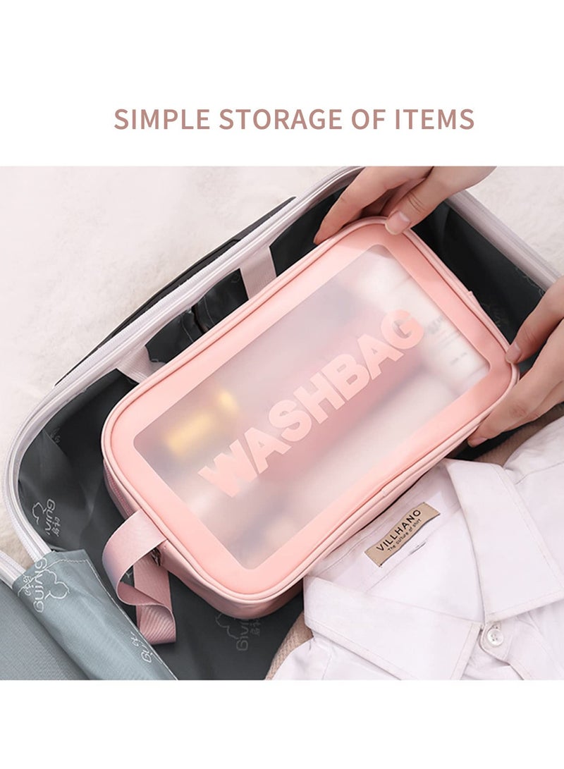هاهاهاي 3 قطع حقائب مستحضرات تجميل محمولة مجموعة حقائب أدوات الزينة الشفافة للأطفال والنساء والرجال، حقيبة مكياج شفافة مقاومة للماء مع مقبض، حقيبة مستحضرات تجميل كبيرة السعة ومتينة ومقاومة للتسرب للسفر (وردي) - Image 3