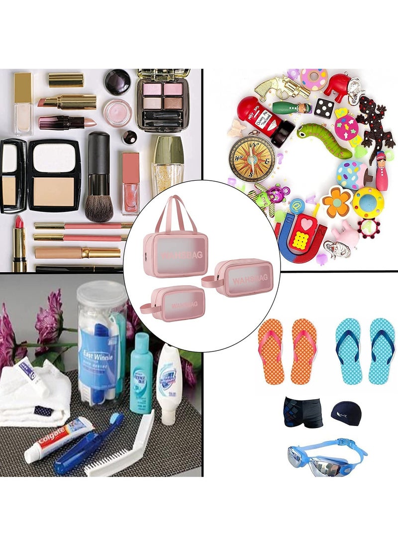 هاهاهاي 3 قطع حقائب مستحضرات تجميل محمولة مجموعة حقائب أدوات الزينة الشفافة للأطفال والنساء والرجال، حقيبة مكياج شفافة مقاومة للماء مع مقبض، حقيبة مستحضرات تجميل كبيرة السعة ومتينة ومقاومة للتسرب للسفر (وردي) - Image 4