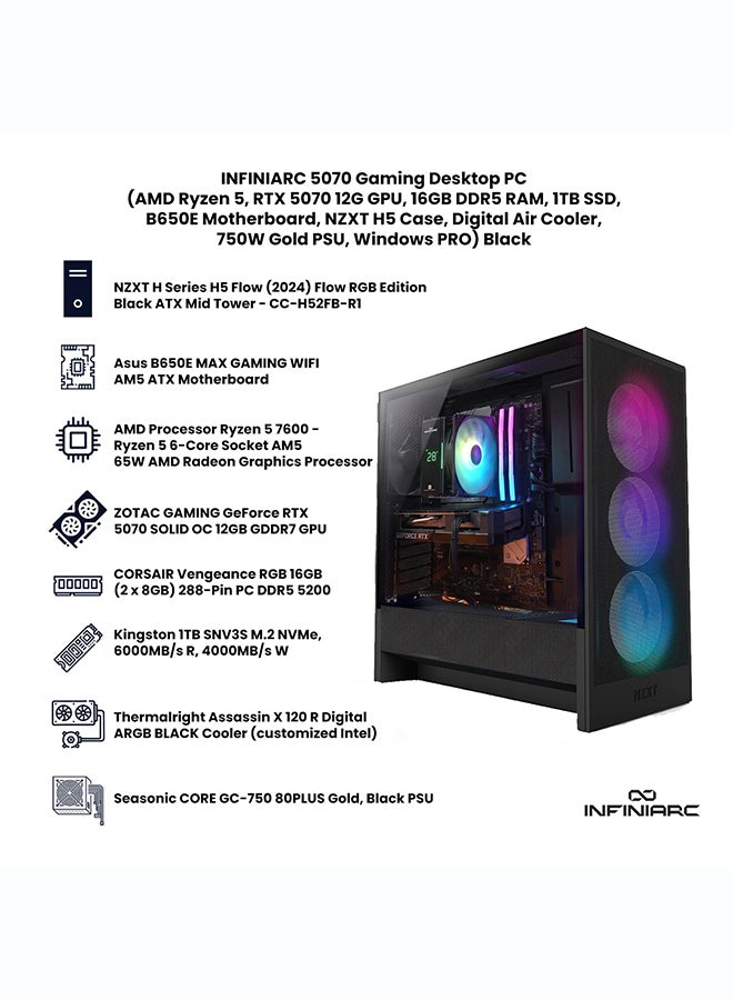 انفني ارك INFINIARC 5070 Gaming Desktop PC (AMD Ryzen 5, RTX 5070 12G GPU, 16GB DDR5 RAM, 1TB SSD, B650E Motherboard, NZXT H5 Case, Digital Air Cooler ARGB, 750W Gold PSU, Windows PRO) Black Black - Image 2