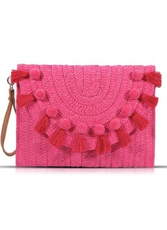 QTKJ Straw Crossbody Bag For Women Pink Clutch Purses Bohemian Handmade Woven Handbags Tassels Summer Beach Bag Envelope Wallet (Hot Pink)  - Image 1
