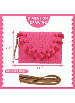 QTKJ Straw Crossbody Bag For Women Pink Clutch Purses Bohemian Handmade Woven Handbags Tassels Summer Beach Bag Envelope Wallet (Hot Pink)  - Image 2
