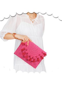 QTKJ Straw Crossbody Bag For Women Pink Clutch Purses Bohemian Handmade Woven Handbags Tassels Summer Beach Bag Envelope Wallet (Hot Pink)  - Image 5