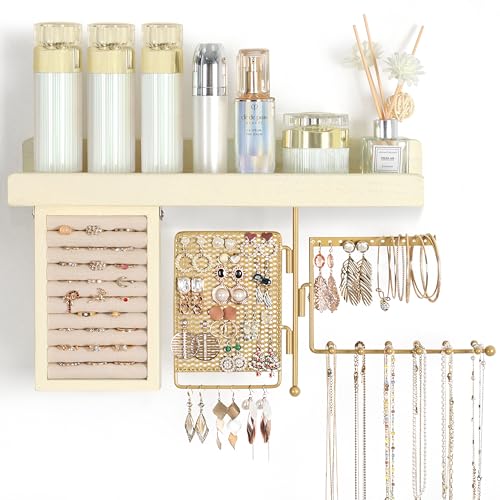 SOLIMINTR Hanging Jewelry Organizer Wall Mount with Rustic Wood Shelf Ring Display Box Ear Studs Earring Holder Rotating Necklace Holder Organizer Gold - Image 1