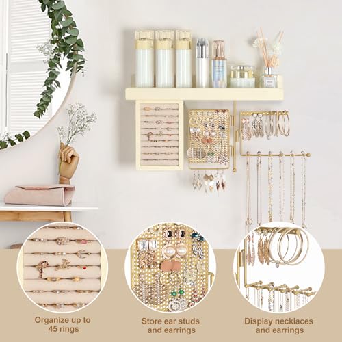 SOLIMINTR Hanging Jewelry Organizer Wall Mount with Rustic Wood Shelf Ring Display Box Ear Studs Earring Holder Rotating Necklace Holder Organizer Gold - Image 3
