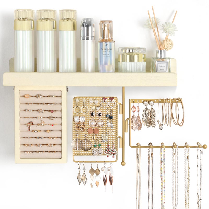 SOLIMINTR Hanging Jewelry Organizer Wall Mount with Rustic Wood Shelf Ring Display Box Ear Studs Earring Holder Rotating Necklace Holder Organizer Gold - Image 2