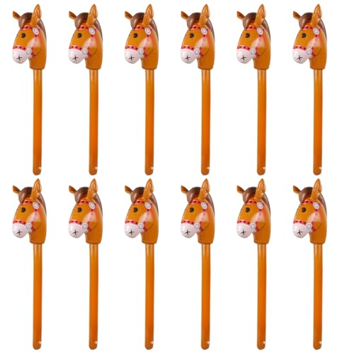 EVERMARKET 12PCS Inflatable Stick HorseBlow Up Horse Head on Stick Pony Costume Western Cowboy Cowgirl Baby Shower Birthday Party Decorations Halloween Supplies Favors Props 38 Inches Brown - Image 1