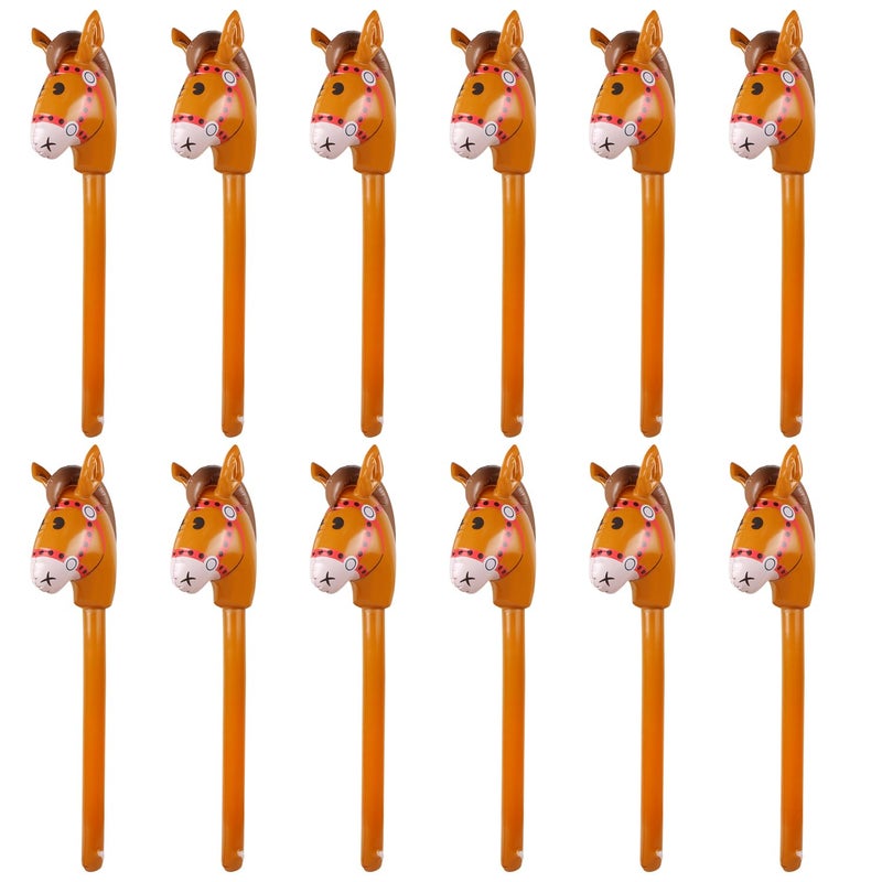 EVERMARKET 12PCS Inflatable Stick HorseBlow Up Horse Head on Stick Pony Costume Western Cowboy Cowgirl Baby Shower Birthday Party Decorations Halloween Supplies Favors Props 38 Inches Brown - Image 3