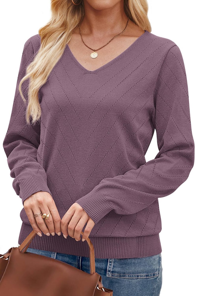 WIHOLL Womens Long Sleeve Tops Casual Fall Sweaters V Neck Cashmere Knit Pullover Lightweight Business Casual Outfits Basic School Teachers Travel Vacation Clothes Grey Purple 2XL - Image 4