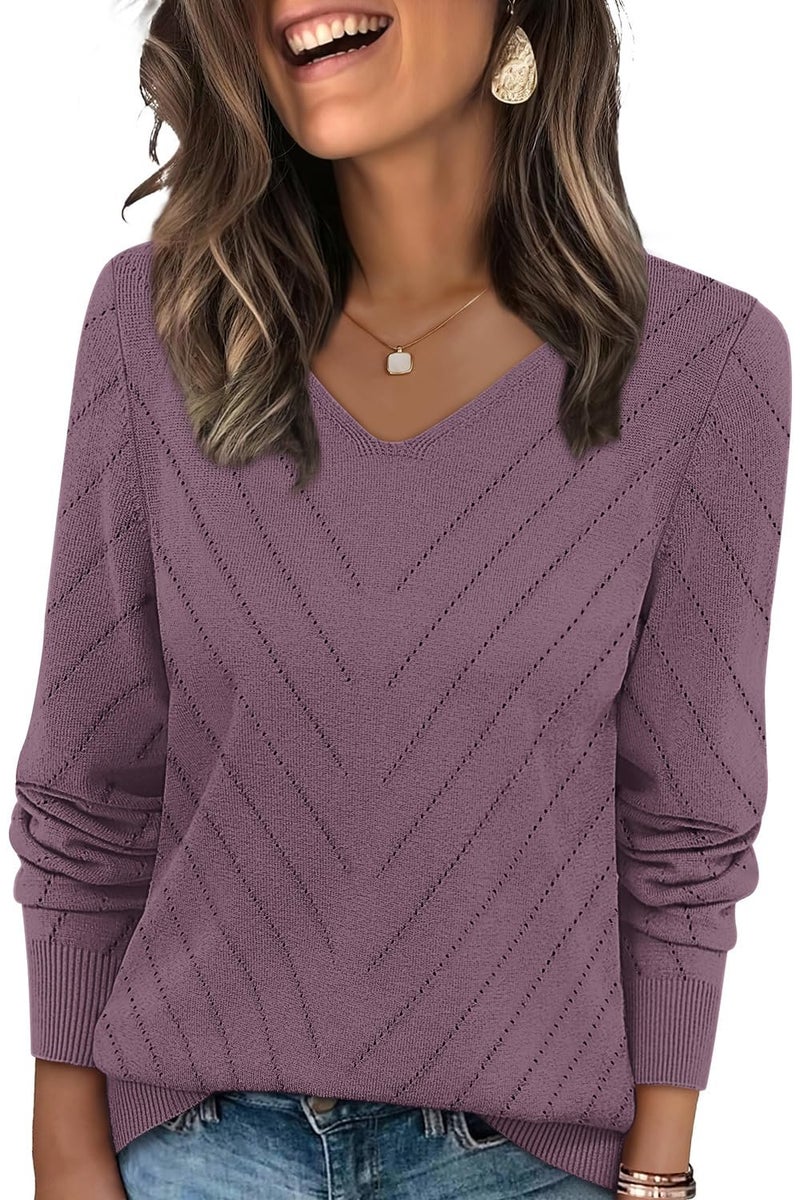 WIHOLL Womens Long Sleeve Tops Casual Fall Sweaters V Neck Cashmere Knit Pullover Lightweight Business Casual Outfits Basic School Teachers Travel Vacation Clothes Grey Purple 2XL - Image 1