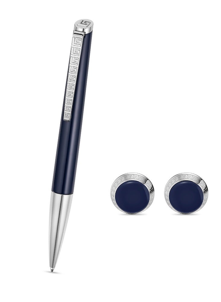 غاي لاروش طقم قلم وكبكات ليون أزرق داكن وفضي للرجال مع علبة - Image 1
