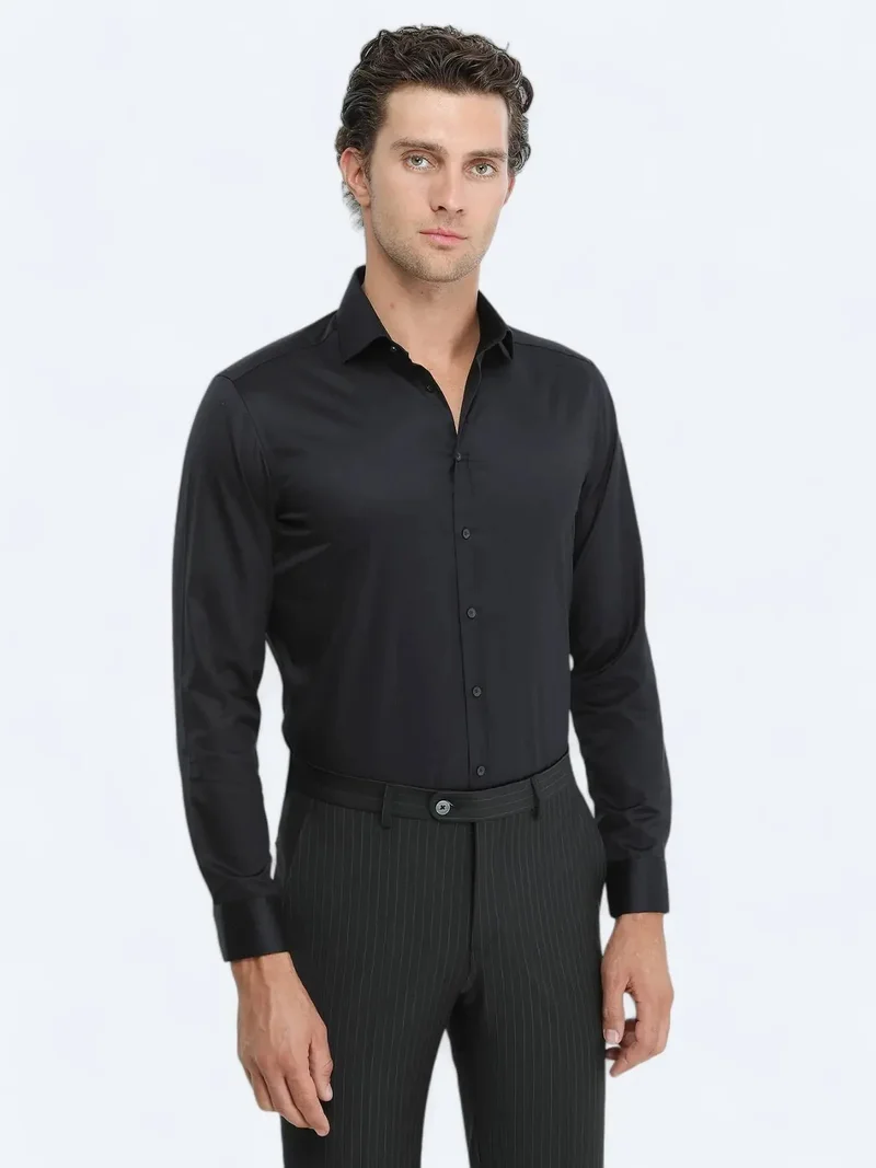 Kip Black Plain Regular Fit Weaving Classical 100% Cotton Shirt
