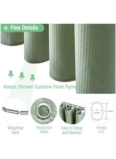 Excefore Sage Green Shower Curtain - Waffle Textured Heavy Duty Thick Fabric Shower Curtains for Bathroom, 256GSM Luxury Weighted Polyester Cloth Bath Curtain Set with 12 Plastic Hooks, 72Wx72H  - Image 5