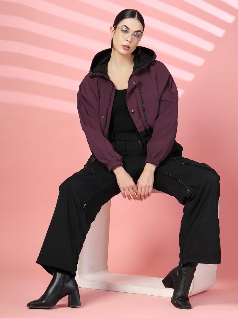 CHKOKKO Womens Stylish Oversized Windcheater Jacket with Zip Closure Lightweight Sportswear for Running Travel Hiking Outdoor and Rainy Season Wear MaroonBlack M - Image 5