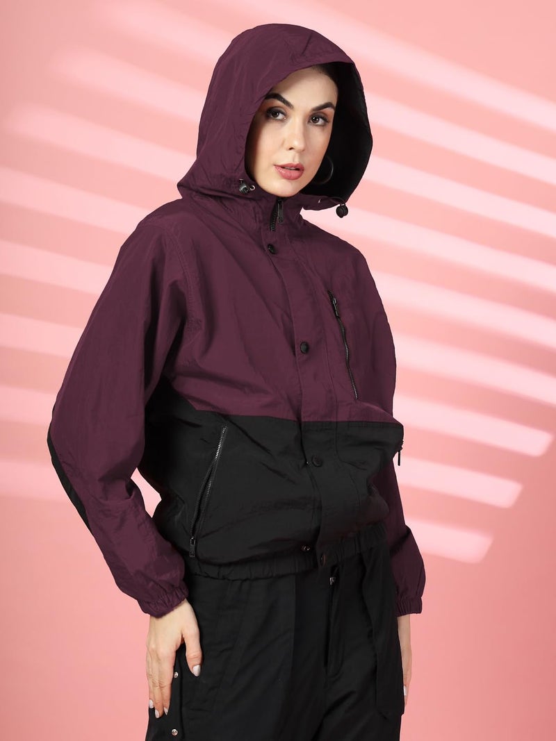 CHKOKKO Womens Stylish Oversized Windcheater Jacket with Zip Closure Lightweight Sportswear for Running Travel Hiking Outdoor and Rainy Season Wear MaroonBlack M - Image 4