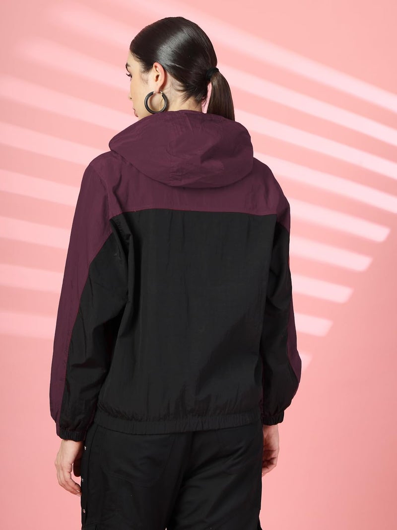 CHKOKKO Womens Stylish Oversized Windcheater Jacket with Zip Closure Lightweight Sportswear for Running Travel Hiking Outdoor and Rainy Season Wear MaroonBlack M - Image 2