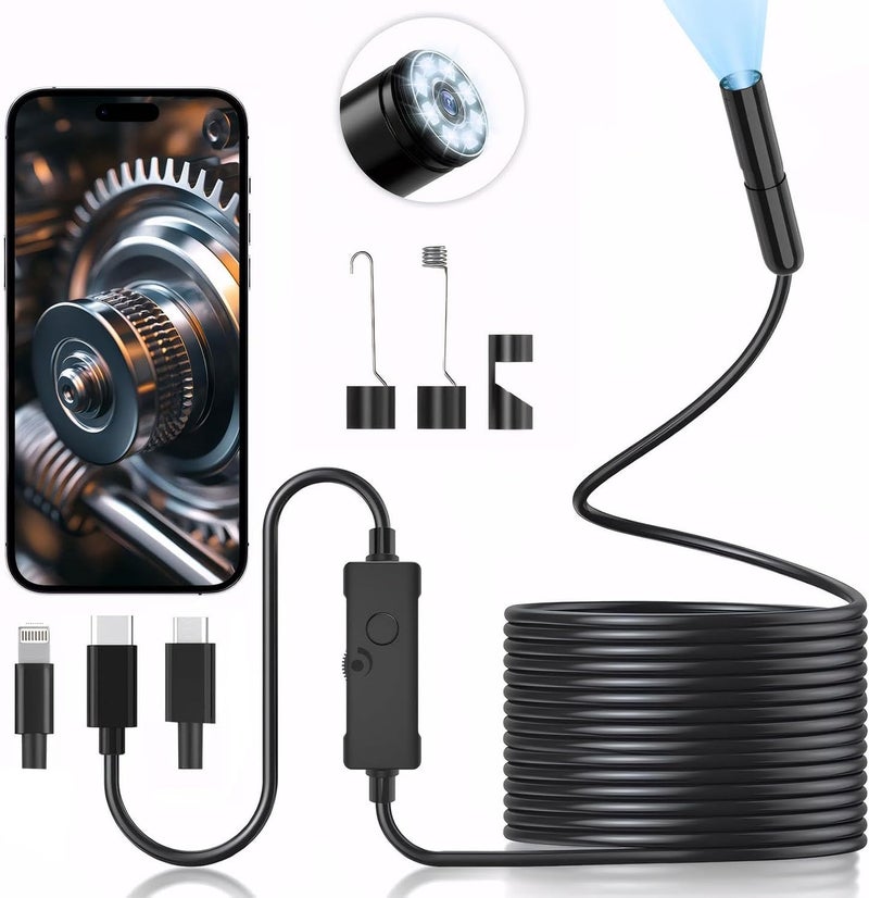 Endoscope Inspection Camera, 1920 HD Flexible Rigid Borescope with 8 LED Lights, Waterproof IP67 Drain Inspection Camera with Light for iPhone, iPad, Android Devices, and Tablets (16.4 Ft/5m) - Image 1