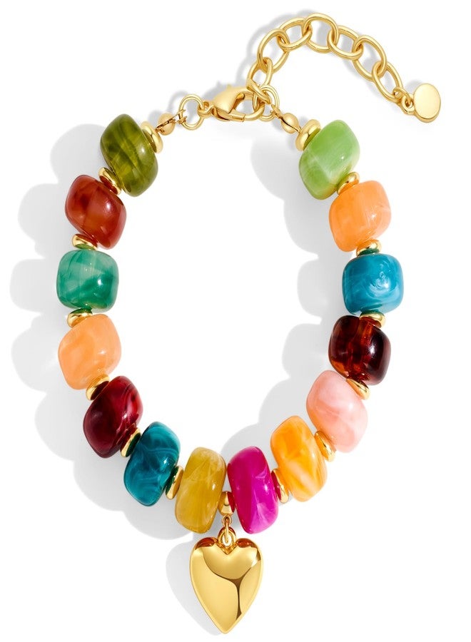 FAUTHENTICUTE Colorful Beaded Bracelets for Women Chunky Rainbow Resin Bead Strand With A Cute Gold Heart Charm Trendy Summer Beach Bracelet Boho Y2k Jewelry Gift - Image 1