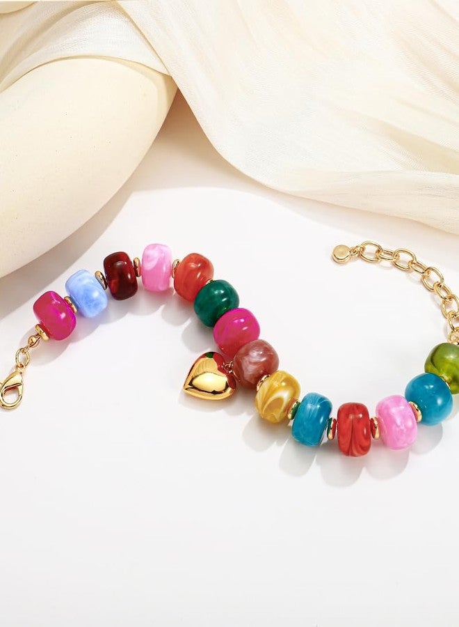 FAUTHENTICUTE Colorful Beaded Bracelets for Women Chunky Rainbow Resin Bead Strand With A Cute Gold Heart Charm Trendy Summer Beach Bracelet Boho Y2k Jewelry Gift - Image 5
