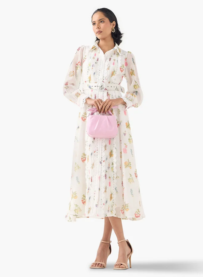 2Xtremz 2Xtremz Floral Print Midi Dress with Lace Detail