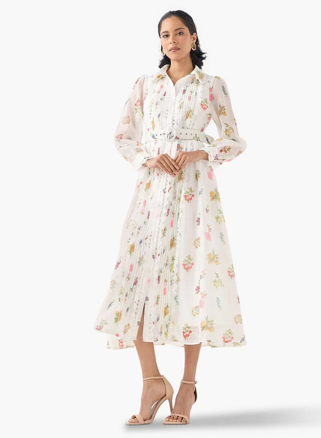 2Xtremz 2Xtremz Floral Print Midi Dress with Lace Detail