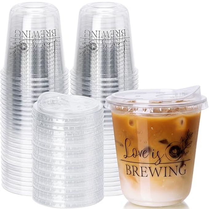 Jingmore 50 Set Plastic Round Bottom Cups with Strawless Plastic Lids Bridal Shower Coffee Drinking Cup 12oz Baby Shower Party Disposable Cups for Wedding Anniversary(Love is Brewing)