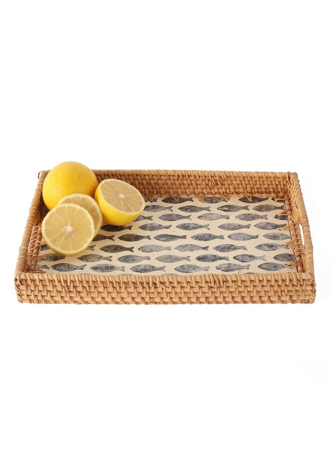 Generic Rattan Tray with Mother of Pearl Inlay, Display Wicker Basket with Handles, Rectangle Serving Tray for Bread Fruit Coffee Decoration and Daily Necessity  - Image 1